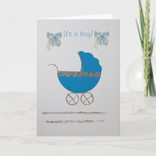 Personalise gold blue baby stroller card (Front)