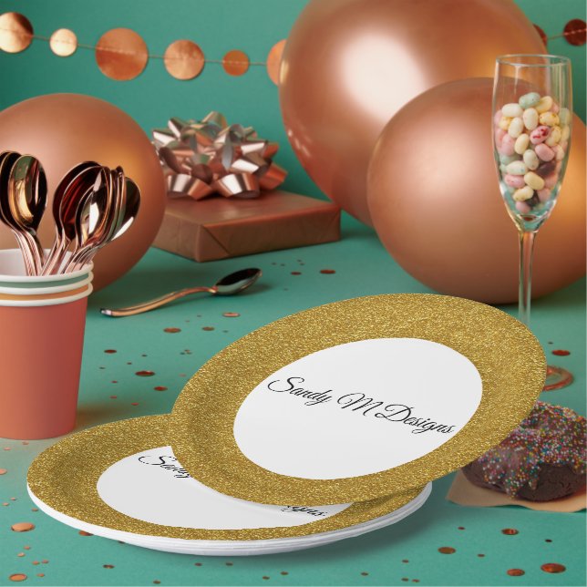 Personalise Gold Glitter Frame Image Your Name Squ Paper Plate (Multi)