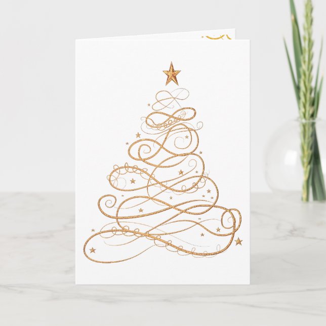 Personalise: Gold Metallic Filigree Christmas Tree Holiday Card (Front)
