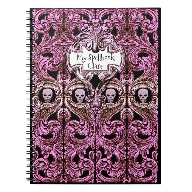 Personalise Goth Purple Ornament & Skull Spellbook Notebook (Front)