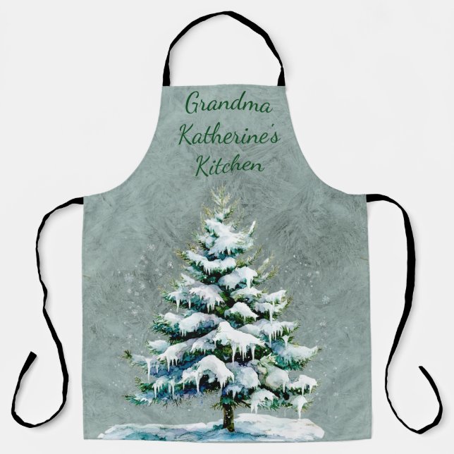 Personalise Grandma’s Winter Snowy Spruce Tree Apron (Front)