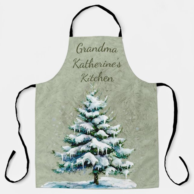 Personalise Grandma’s Winter Snowy Spruce Tree Apron (Front)
