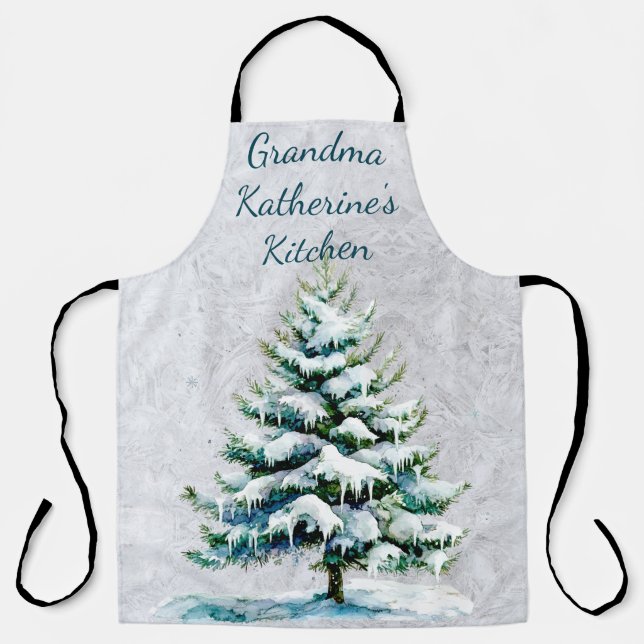 Personalise Grandma’s Winter Snowy Spruce Tree Apron (Front)