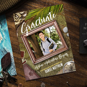 Personalise Green Adventurer Theme Graduation Invitation