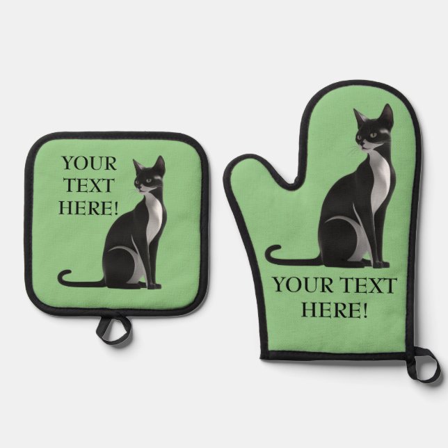 Personalise Green Cat Edit Name Text Gift Oven Mitt & Pot Holder Set (Front)