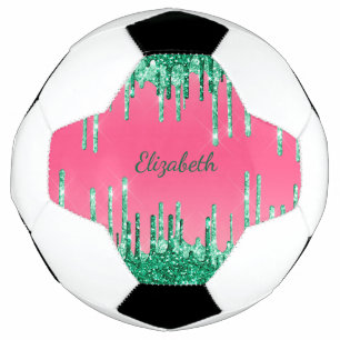 Personalise Green Glitter Drips Pink Trendy Glam  Soccer Ball