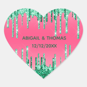 Personalise Green Glitter Drips Pink Wedding Heart Sticker