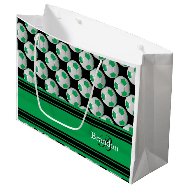 Personalise Green Soccer Balls Large Gift Bag (Front Angled)