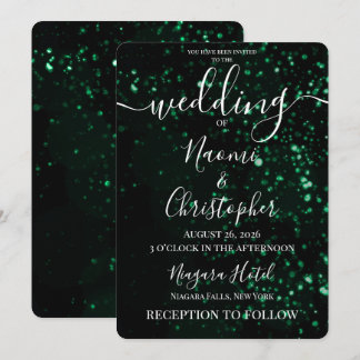 Personalise: Green Sparkles Black Wedding Invitation