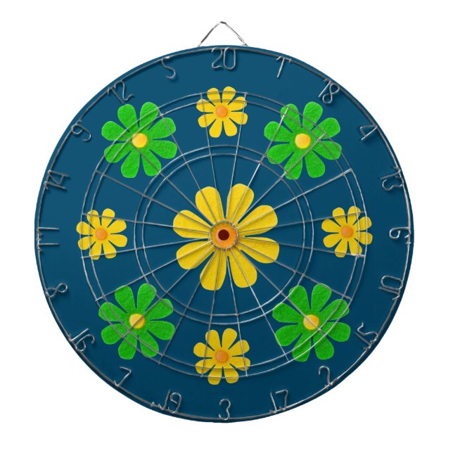 Personalise, green yellow flowers on dark blue dartboard (Front)