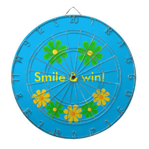 Personalise green yellow smille flower on sky blue dartboard