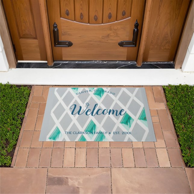 Personalise Grey Diamonds Teal Watercolor Diamonds Doormat (Outdoor)