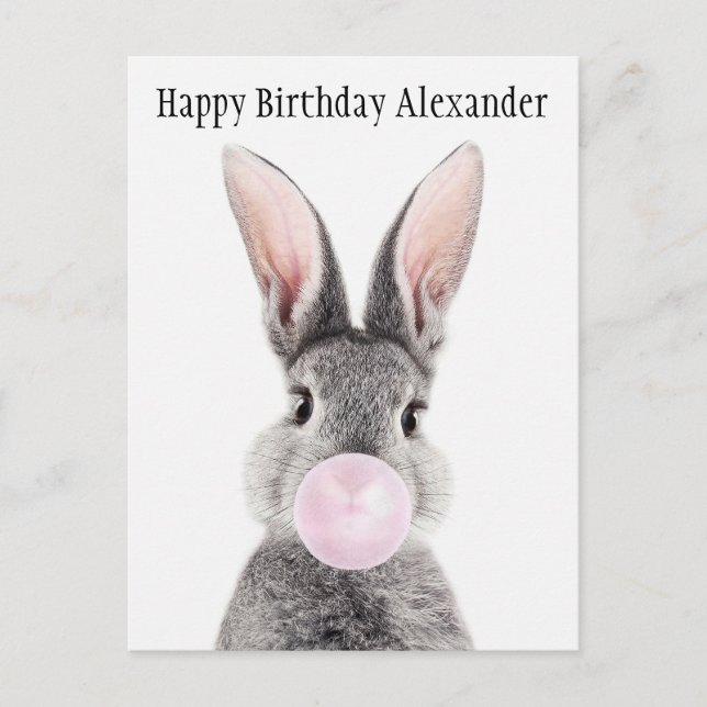Personalise Grey rabbit blowing pink bubble gum Postcard (Front)