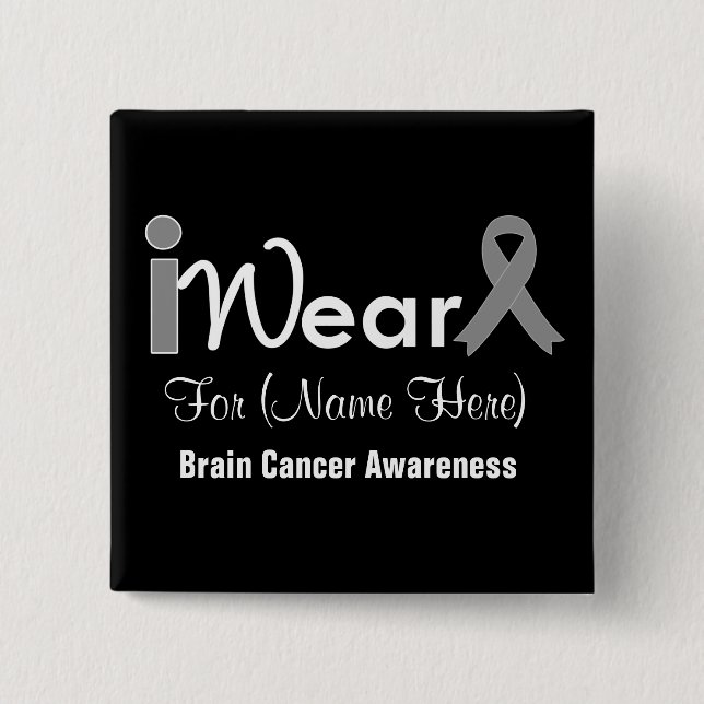 Personalise Grey Ribbon Brain Cancer 15 Cm Square Badge (Front)