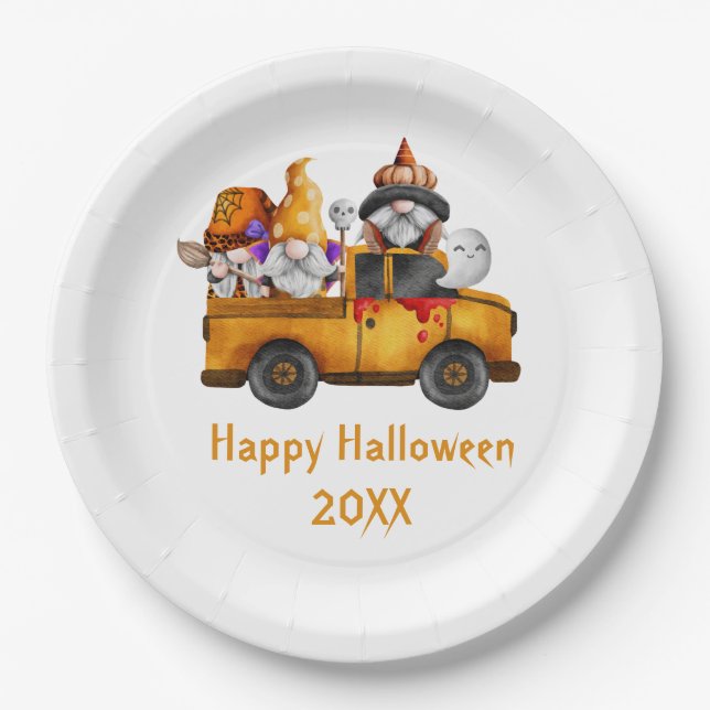 Personalise Halloween Gnomes Orange Truck Paper Plate (Front)