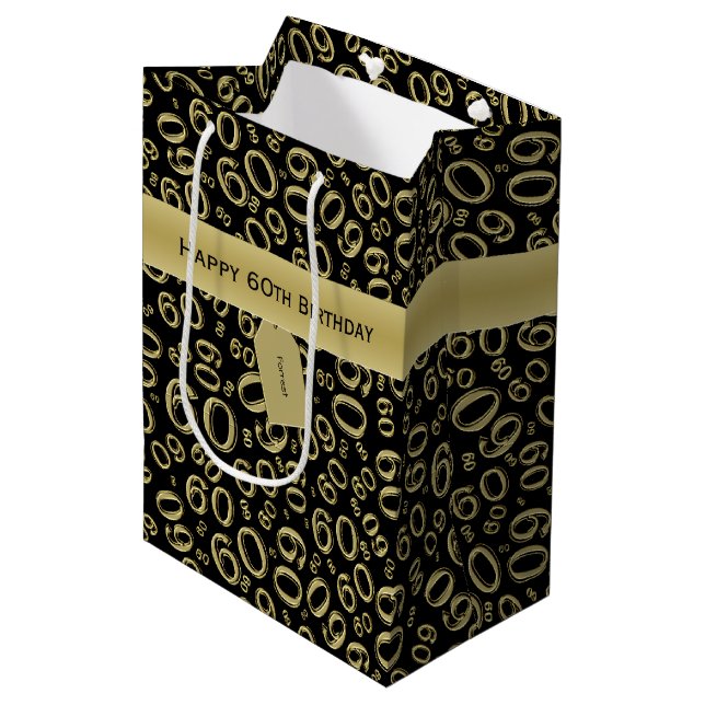 Personalise:  Happy 60th Birthday Gold/Black (M) Medium Gift Bag (Front Angled)
