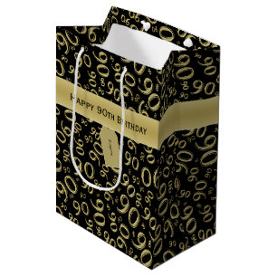 Personalise:  Happy 90th Birthday Gold/Black (M) Medium Gift Bag