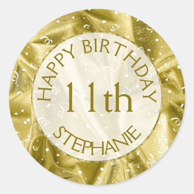 Personalise: "Happy Birthday" Gold Textured Classic Round Sticker (Front)