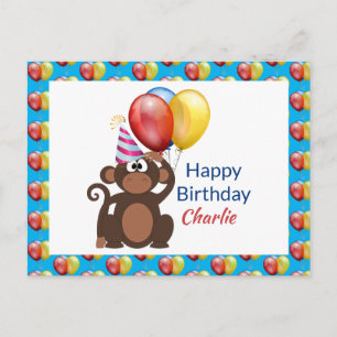 Personalise Happy Birthday Monkey and Balloons  Postcard