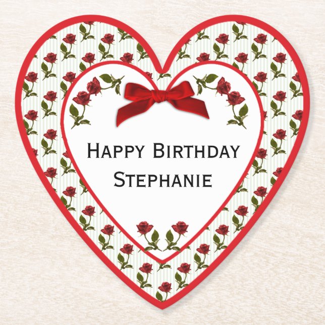 Personalise: Happy Birthday Red Roses Pattern Paper Coaster (Front)