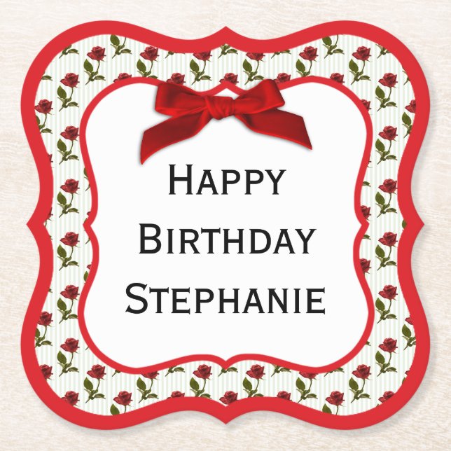 Personalise: Happy Birthday Red Roses Pattern Paper Coaster (Front)