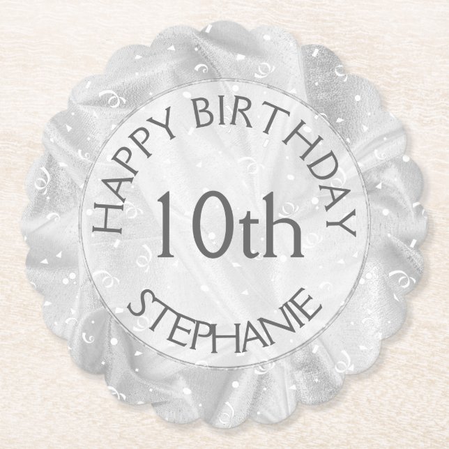 Personalise: "Happy Birthday" Silver Textured Paper Coaster (Front)
