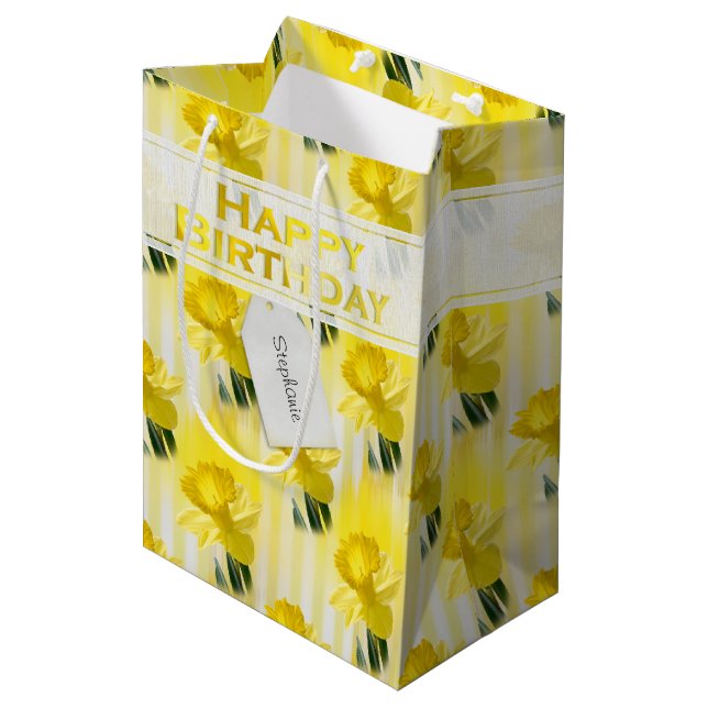Personalise:  "Happy Birthday" Yellow Daffodils Medium Gift Bag (Front Angled)