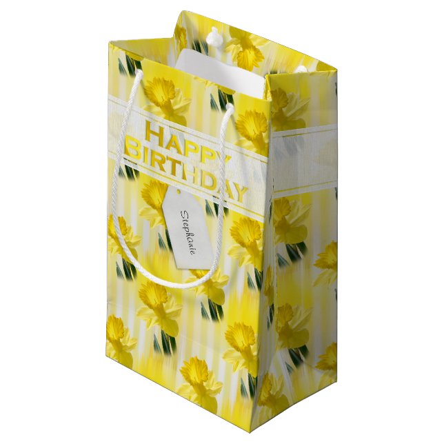 Personalise  "Happy Birthday" Yellow Daffodils (S) Small Gift Bag (Front Angled)