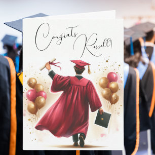 Personalise Happy Graduation Man Crimson Cap Gown Card