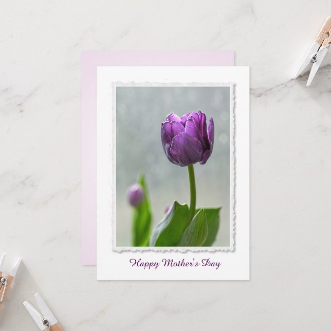 Personalise: "Happy Mother's Day" Purple Tulips Card (Front/Back In Situ)