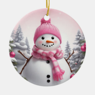 Personalise: Happy Pink Scarf Xmas Snowman Ceramic Ornament