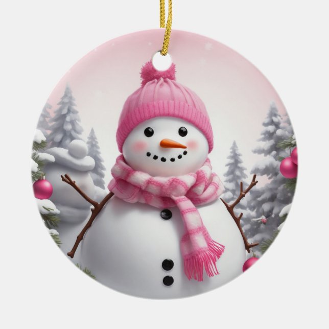 Personalise: Happy Pink Scarf Xmas Snowman Ceramic Ornament (Front)