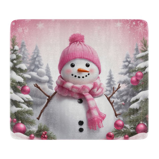 Personalise: Happy Pink Scarf Xmas Snowman Cutting Board (Front)