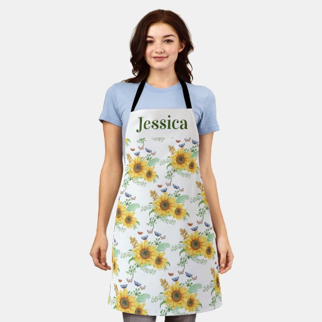 Personalise Hello The Spring Sunflower Apron (Worn)