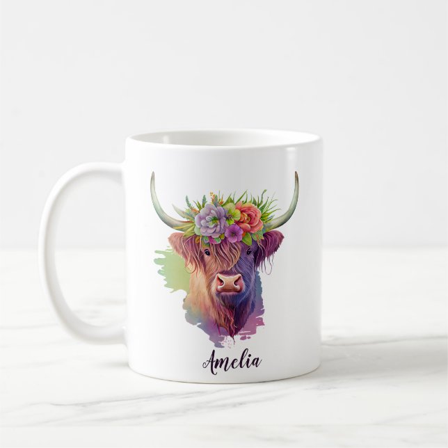 Personalise Highland Cow Flowers Crown Watercolor  Coffee Mug (Left)