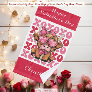 Personalise Highland Cow Happy Valentine's Day Hand Towel