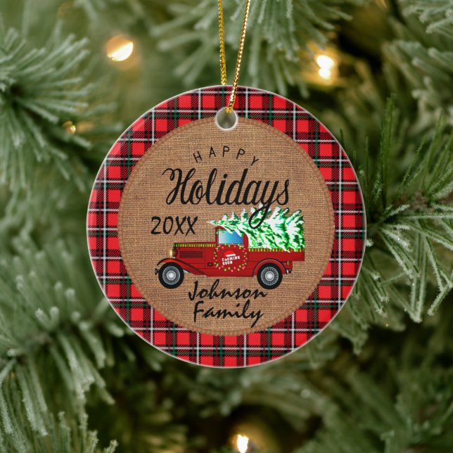 Personalise Holiday Vintage Truck - Christmas Ceramic Ornament (Tree)