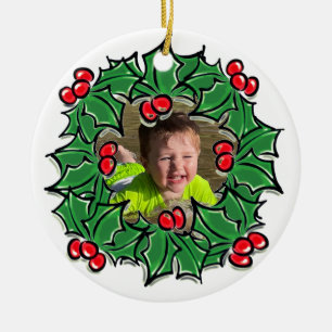 Personalise Holly Leaves berries Christmas wreath Ceramic Ornament
