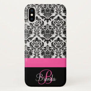 Personalise Hot Pink Black Damask Pattern iPhone X Case
