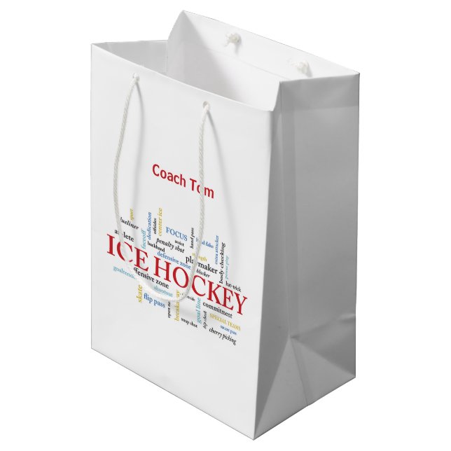 Personalise, Ice Hockey Coach Thank You in Words Medium Gift Bag (Front Angled)