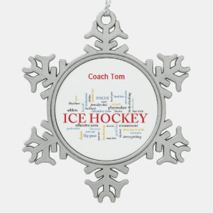 Personalise, Ice Hockey Coach Thank You in Words Snowflake Pewter Christmas Ornament