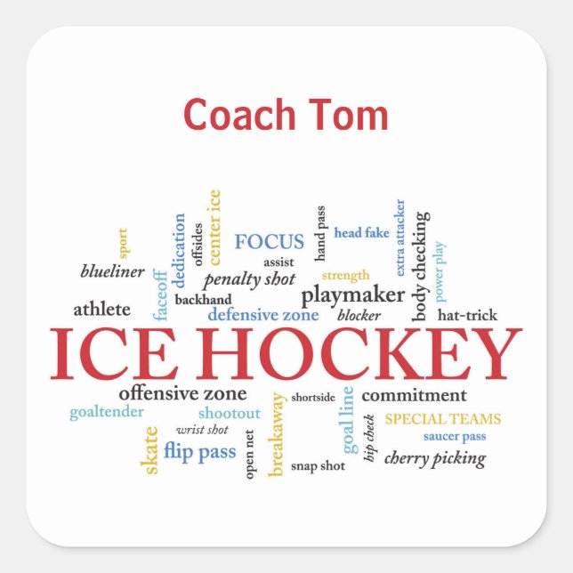 Personalise, Ice Hockey Coach Thank You in Words Square Sticker (Front)