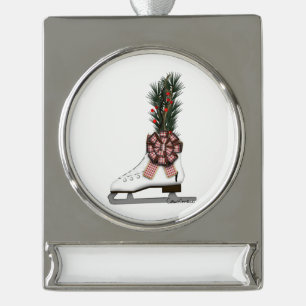 Personalise Ice Skate with Christmas Tartan Bow Silver Plated Banner Ornament