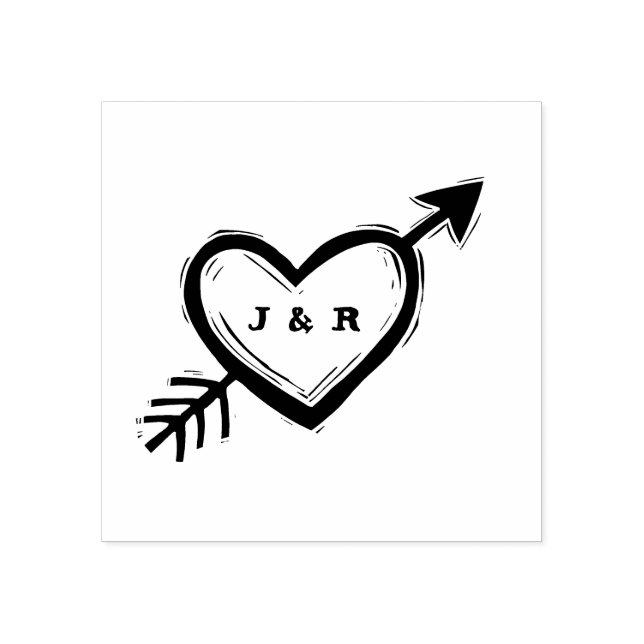 Personalise Initials Heart with Arrow Linocut Look Rubber Stamp (Imprint)