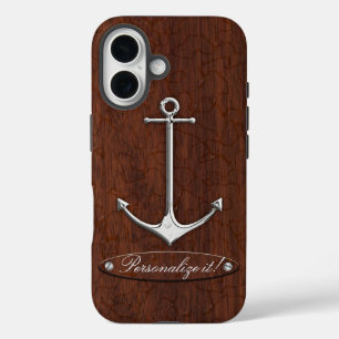 Personalise it! Wet Nautical Mahogany Anchor Steel iPhone 16 Case