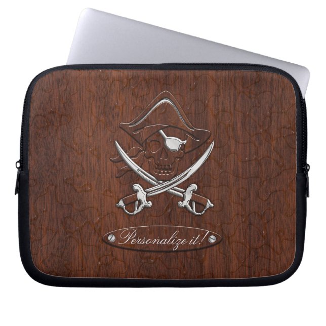 Personalise it! Wet Nautical Mahogany Pirate Skull Laptop Sleeve (Front)