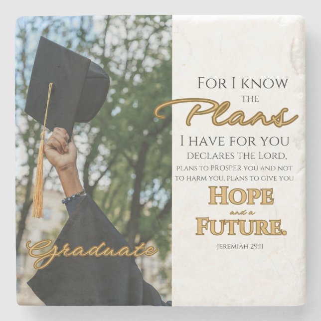 Personalise Jeremiah 29:11 Grad Cap Scripture Stone Coaster (Front)