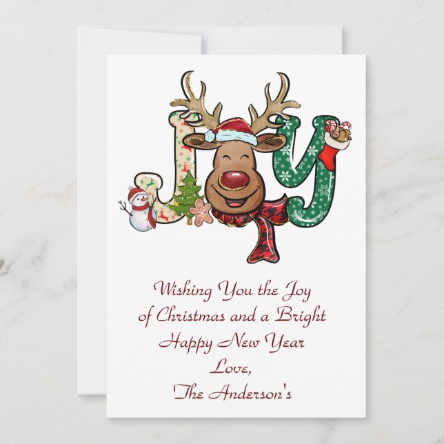 Personalise Joy Reindeer Holiday Christmas Card (Front)