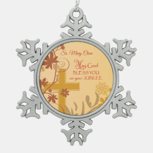 Personalise, Jubilee Anniversary Nun Cross, Swirls Snowflake Pewter Christmas Ornament