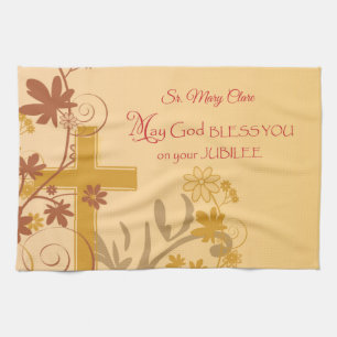 Personalise, Jubilee Anniversary Nun Cross, Swirls Tea Towel